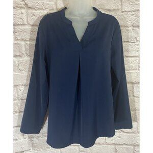 Gaharu Navy Blue Lightweight Tunic Top Medium Roll Tab Sleeve Pleat Relaxed Fit
